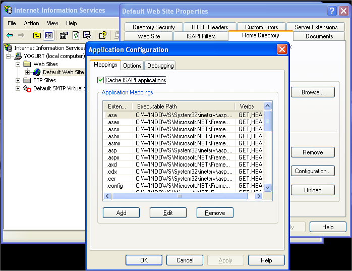 Screen shot of IIS Script Mappings Configuration Panel