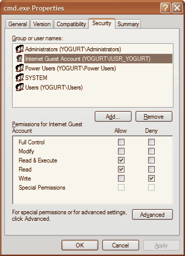 windows xp file properties security tab iusr read permission.png